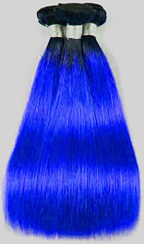 muaowig muaowig Blue Weave 3 Bundles Ombre Human Hair Bundles Dark Roots Black To Blue Tow Tone Hair Bundle Double Weft 3 Bundle Straight Ombre Hair Bundle 22 24 26 inch, 10.5822 Ounce