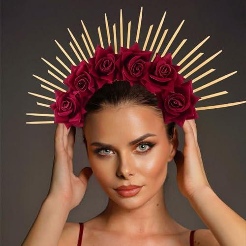 BARTOSI BARTOSI Halo Crown Mexican Flower Headband Spiked Crown Goddess Headpiece Mary Halo Crown Halloween Party Cosplay Costume Headwear for Women