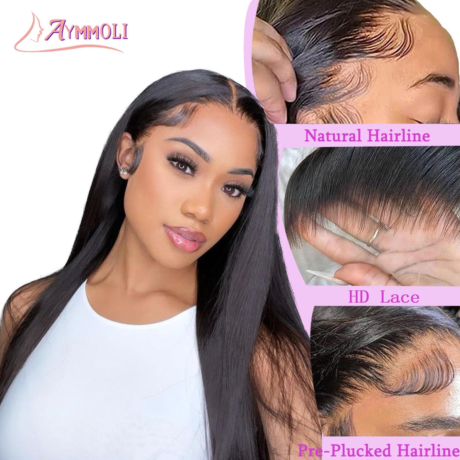 AYMMOLI 26 Inch Straight Lace Front Wigs Human Hair Pre Plucked 180% Density Glueless Wigs Human Hair 13x4 HD Transparent Human Hair Lace Frontal Natural Hairline Brazilian Virgin Hair for Women Natural