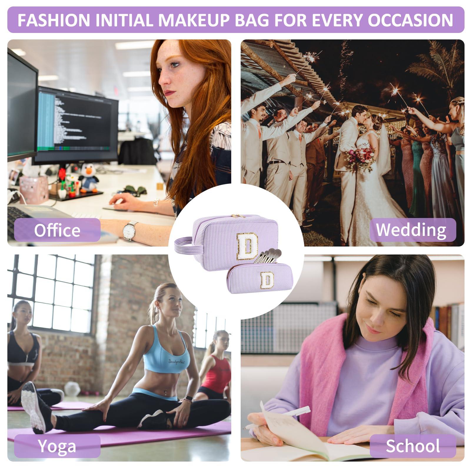 Huifen Huifen 2pcs Personalized Initial Makeup Bag A-Z, Travel Toiletry Bag Preppy Make Up Bags Girls Cute Cosmetic Pouch Makeup Organizer Wedding Birthday Mothers Day Gifts for Women (Purple, J)