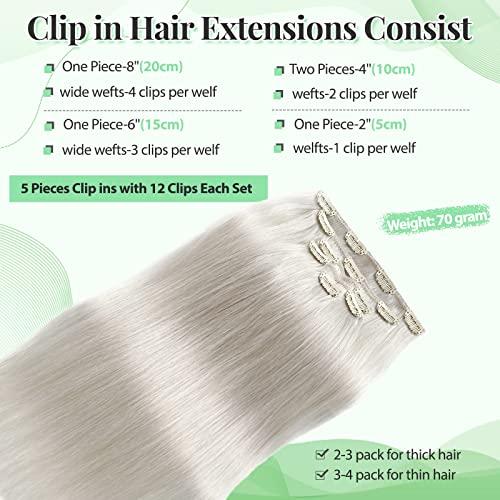 SOSEXY Clip in Hair Extensions Ice White Remy Human Hair Extensions 70g 5pcs Silk Straight Double Weft Real Human Hair Clip in Extensions 16 Inch Hair Extensions Clip ins Full Thick Ends Hair Extensions