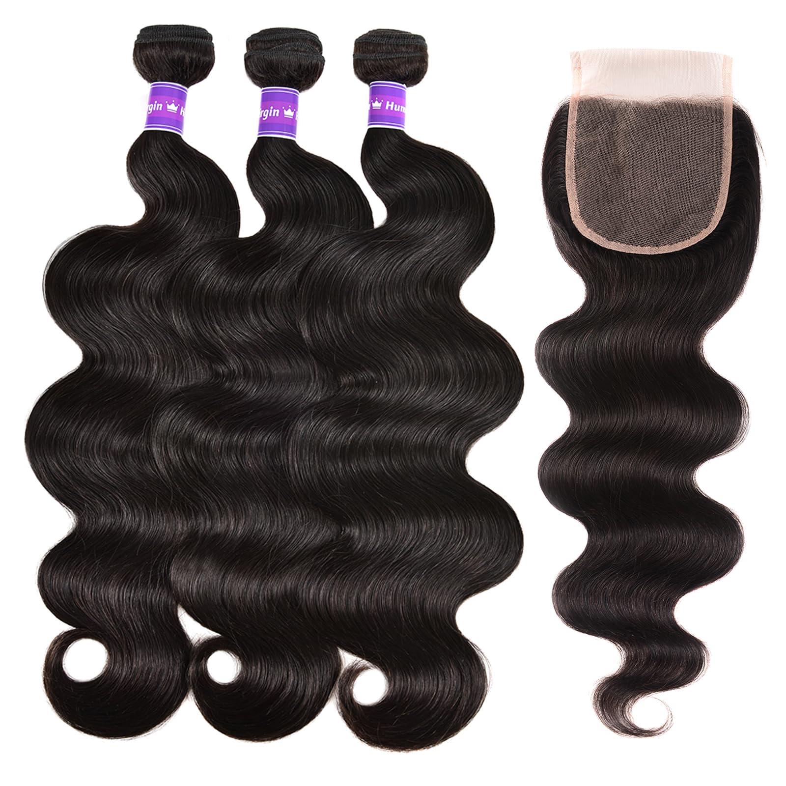feiyunpanda Human Hair Bundles with Closure Free Part (20 22 24+18) Body Wave 3 Bundles with Closure 10A Unprocessed Brazilian Virgin Human Hair Weave Bundles with 4X4 Lace Closure 150% Density Natural Color