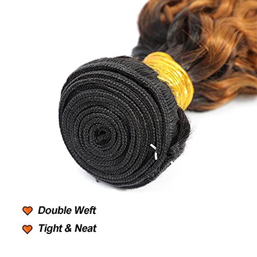 Kislemon Kinky Curly Hair Ombre 1B 30 Ombre 2 Tone 1B/30 Kinky Curly Human Hair Weave Bundles 1 piece, Black Roots Ombre Brown Real Brazilian Remy Hair Weave Bundles (10 inches)