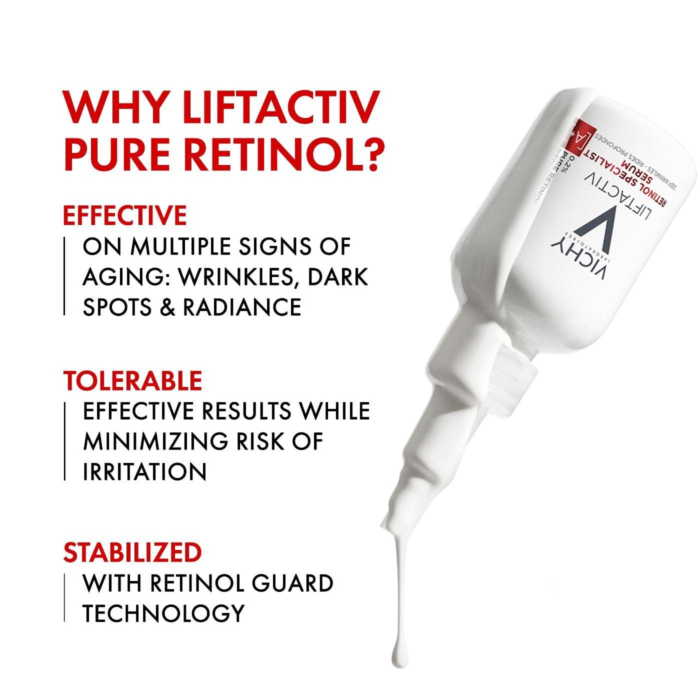 VICHY Vichy LiftActiv Pure Retinol Serum for Face, Anti-Aging Face Serum for Wrinkles & Fine Lines, .2% Retinol + Peptides, Resurfaces Skin Sexture To Smooth & Firm Skin, 1 Fl. Oz.