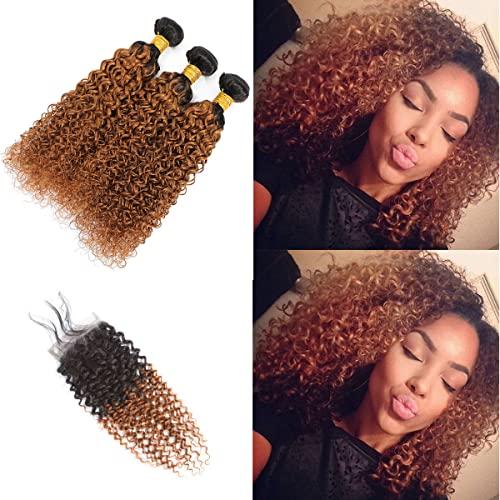 Annora Kinky Curly Bundles with Closure Two-tone Brown T1B/30 3 Bundles with 4x4 Lace ClosureHuman Hair Human Hair Grade 8A Soft 100% Brazilian Hair Extension (18"20"22"+16"Closure) Inch