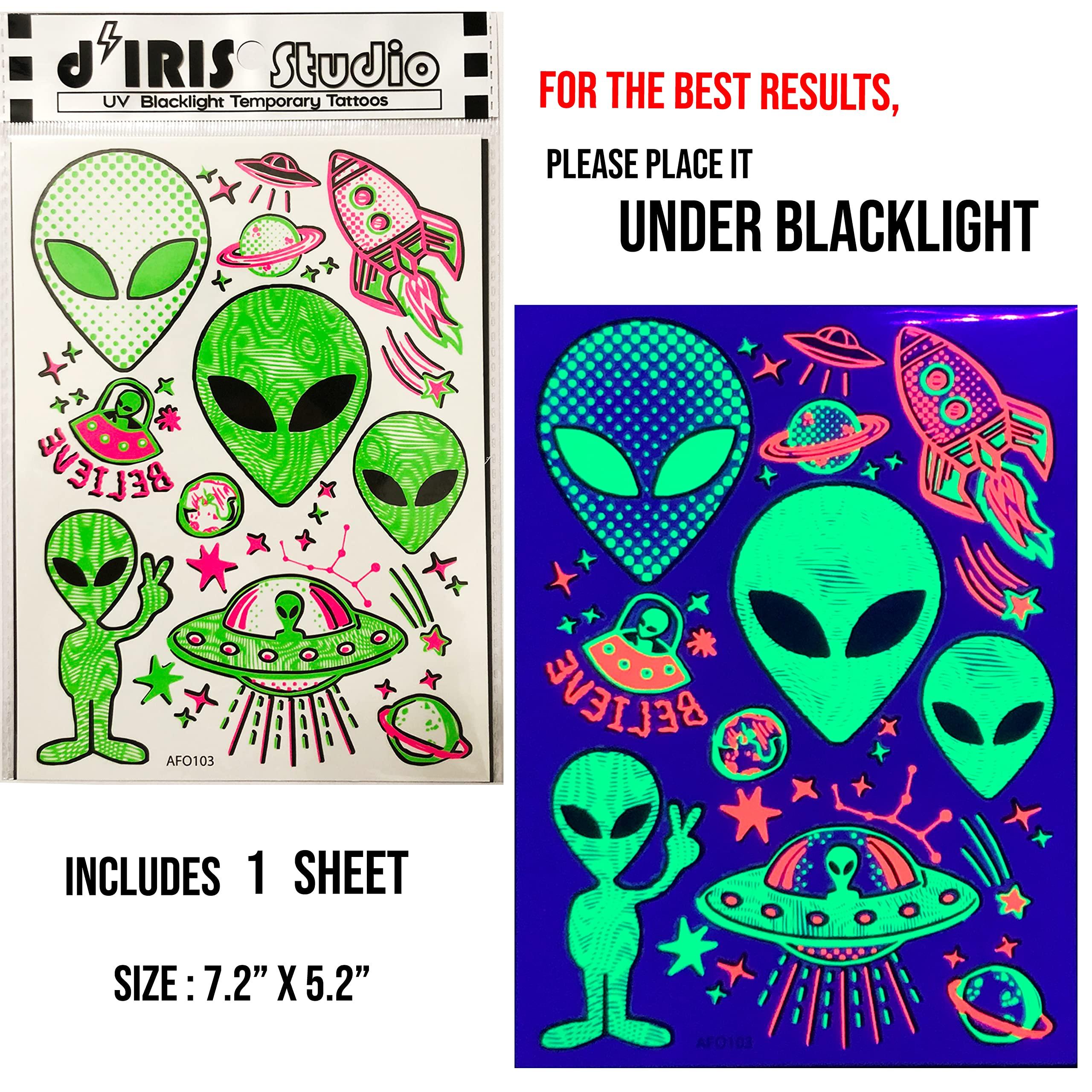 d'IRIS studio Temporary UV Blacklight Reactive Tattoos  1 Sheet Alien UFO Design Body Art Festival Accessories Glow in the Dark Party Supplies | 7.2 x 5.2 Temp Tattoos Great for EDM EDC Party Rave Parties