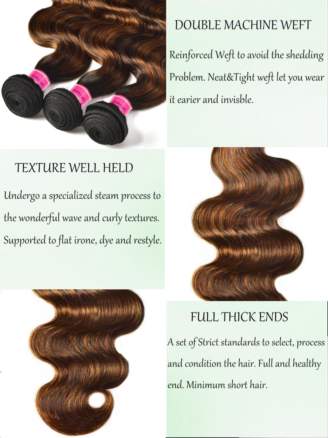 KLAIYI KLAIYI Ombre Brown Highlight Body Wave Human Hair Extensions 3 Bundles of 14 16 18Inch Balayage Honey Blonde Virgin Hair Weaves for Women Double Wefts Wavy Remy Hair with Dark Roots Sew In Piano Color