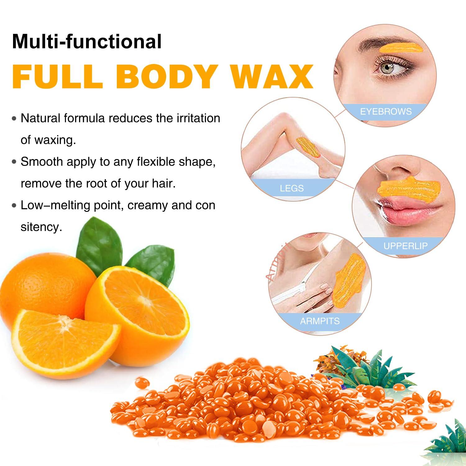 Auperwel Hard Wax Beads for Hair Removal - 1.1lb/17.05oz Waxing Beads for Coarse Hair, Sensitive Skin, Brazilian Bikini,Underarms,Face,Body - Wax Beans Bulk with 20 Wax Sticks Refill Pearl Beans(Orange)