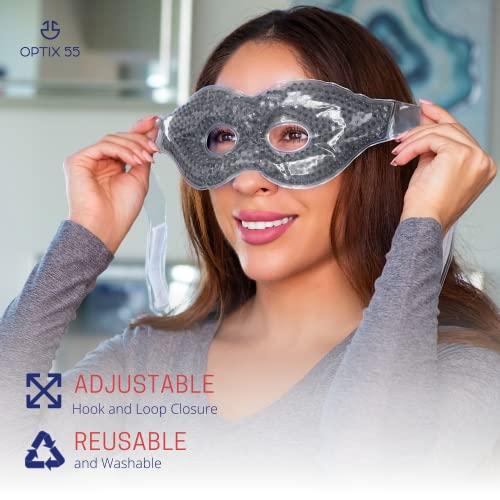 Optix 55 Gel Eye Mask with Eye Holes- Hot Cold Compress Pack Eye Therapy | Cooling Eye Mask for Puffy Eyes, Dry Eyes, Headaches, Migraines, Sinus, Dark Circles - Reusable Eye Face Mask | Ergo Gel Bead (Grey)