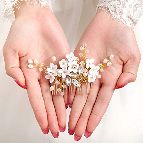 Barode Barode Bridal Wedding Hair Comb Flower Silver Sparkly Rhinestone Side Combs Crystal Bride Leaf Pearl Hair Accessories for Women and Girls (Gold)