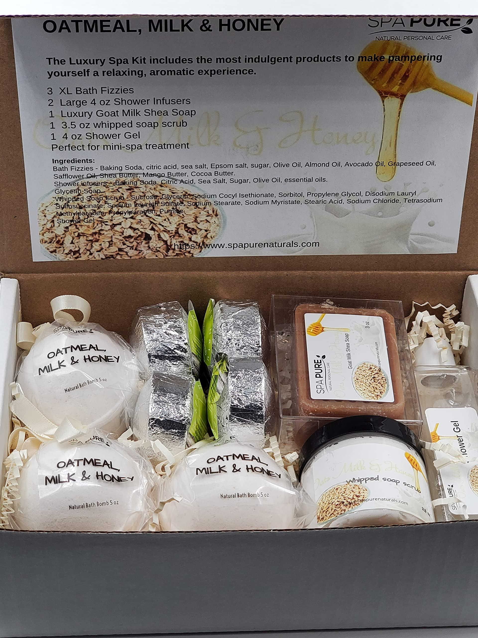 Spa Pure Spa Pure Luxury Spa Kit - 3 XL Bath Fizzies, 2 XL Shower Steamers, 3.5 oz Whipped Soap Scrub, Goat Milk Soap, Shower Gel (Oatmeal Milk & Honey)