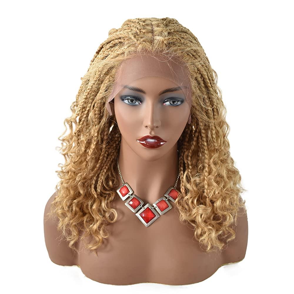 F M FACE MIRACLE NEW YORK F M FACE MIRACLE NEW YORK Lace Braided Wigs with Baby Hair Curly Hand Braided Synthetic Swiss Lace Front Lightweight Cornrow Box Braids Wig (LL602483C, #27/613M Blonde)