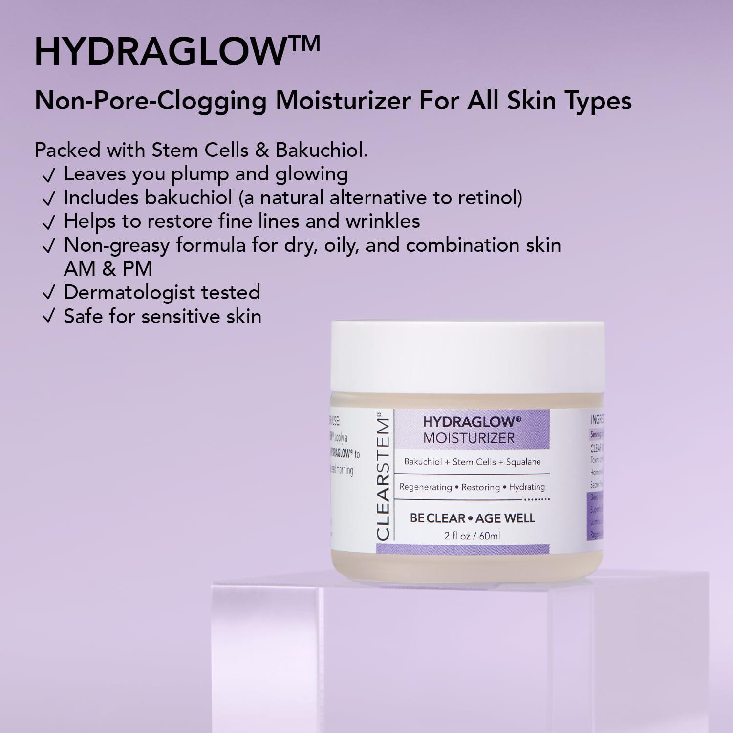 CLEARSTEM CLEARSTEM - HYDRAGLOW Stem Cell Moisturizer - Bakuchiol + Squalene - Youthful Skin Face Moisturizer - All Skin Types - Facial Skin Care Products - Vegan, Gluten Free, Cruelty Free - 2 fl oz / 60ml