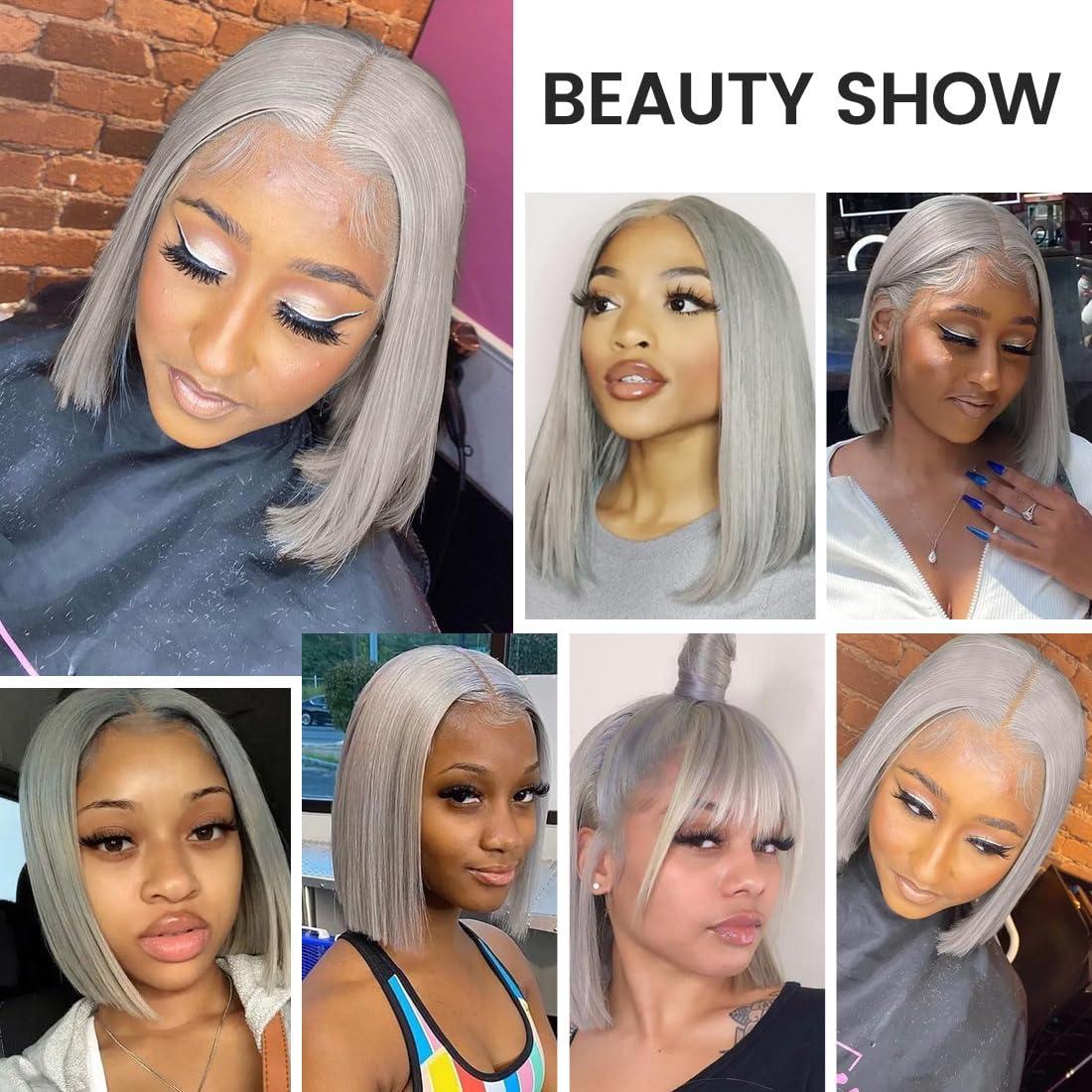 Asteria Colored Short Bob Wigs Human Hair Wig with Pre Plucked Baby Hair Silver Color 13x4 Lace Frontal Bob Wig Grey Wigs for Women Glueless Straight Bob Wig 150 Density 10 Inch
