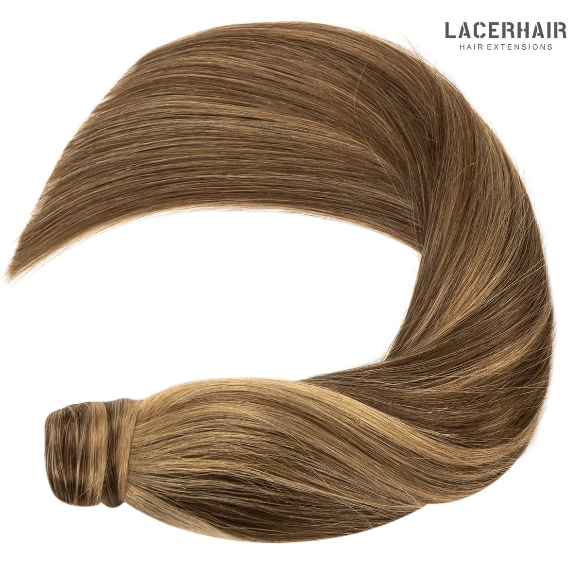 Lacer Lacer Real Hair Ponytail Extension Ombre Chocolate Brown to Caramel Blonde Pony Tails Extensions Human Hair Long Straight Wrap Around Human Hair Ponytails for Women Hair Piece 22 Inch 90g