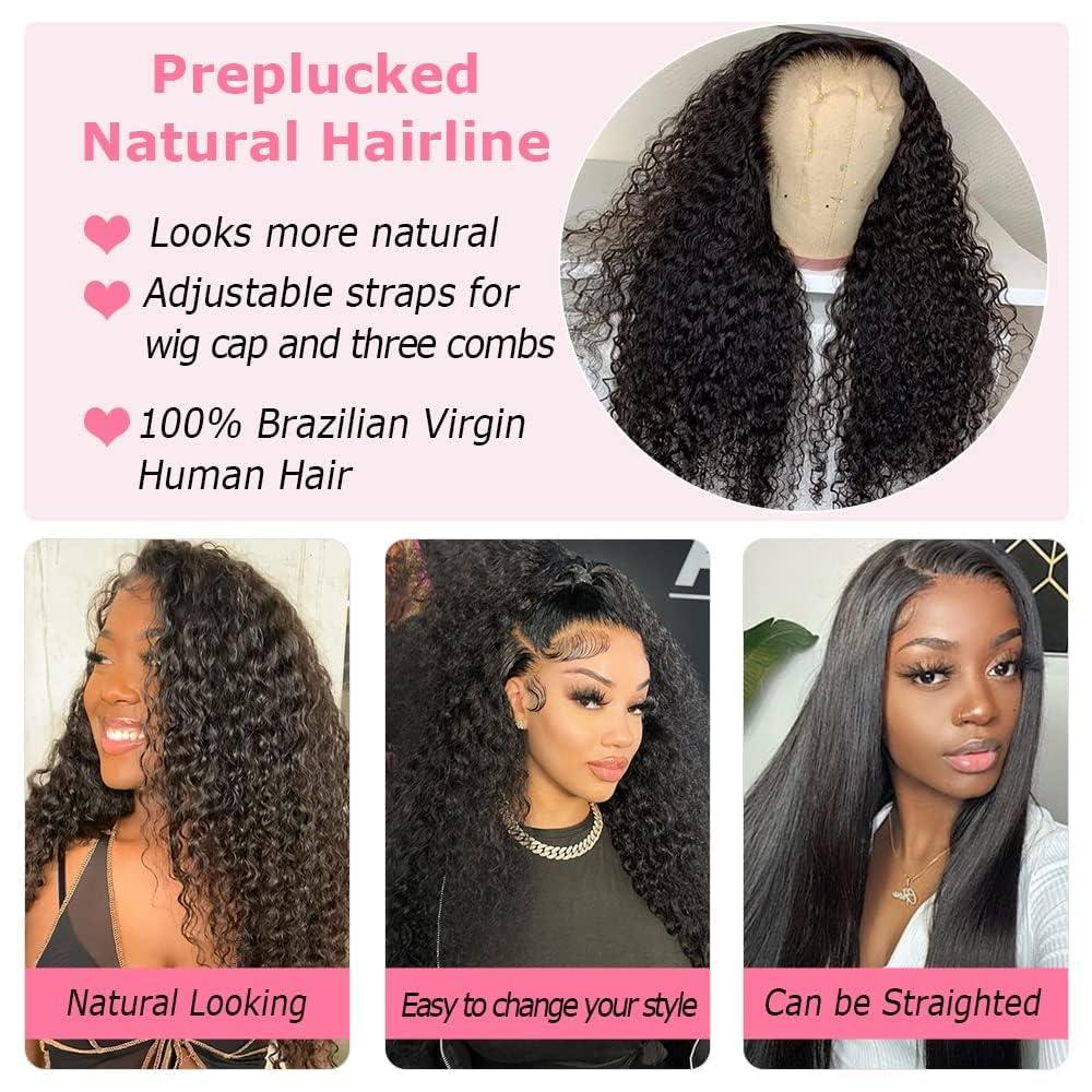 FKFO 13x6 HD Transparent Lace Front Human Hair Wigs For Black Women Mongolian Deep Curly Lace Front Wig Human Hair Pre Plucked Deep Wave Frontal wig Full And Thick (28 Inch, 13x6 Lace Front Wig Human Hair)