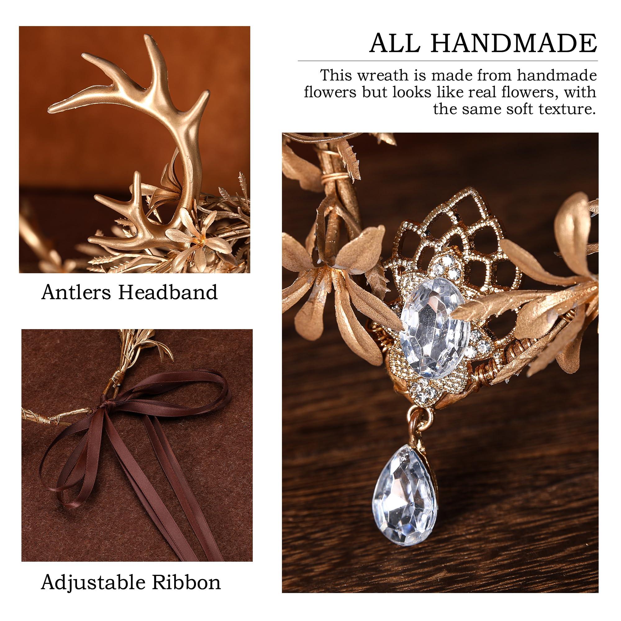 MOSTORY MOSTORY Gold Fairy Antler Crown - Woodland Flower Deer Horns Headpiece Elf Forest Ciecle for Women Renaissance Cosplay Ren Faire Outfit Hallween Costume