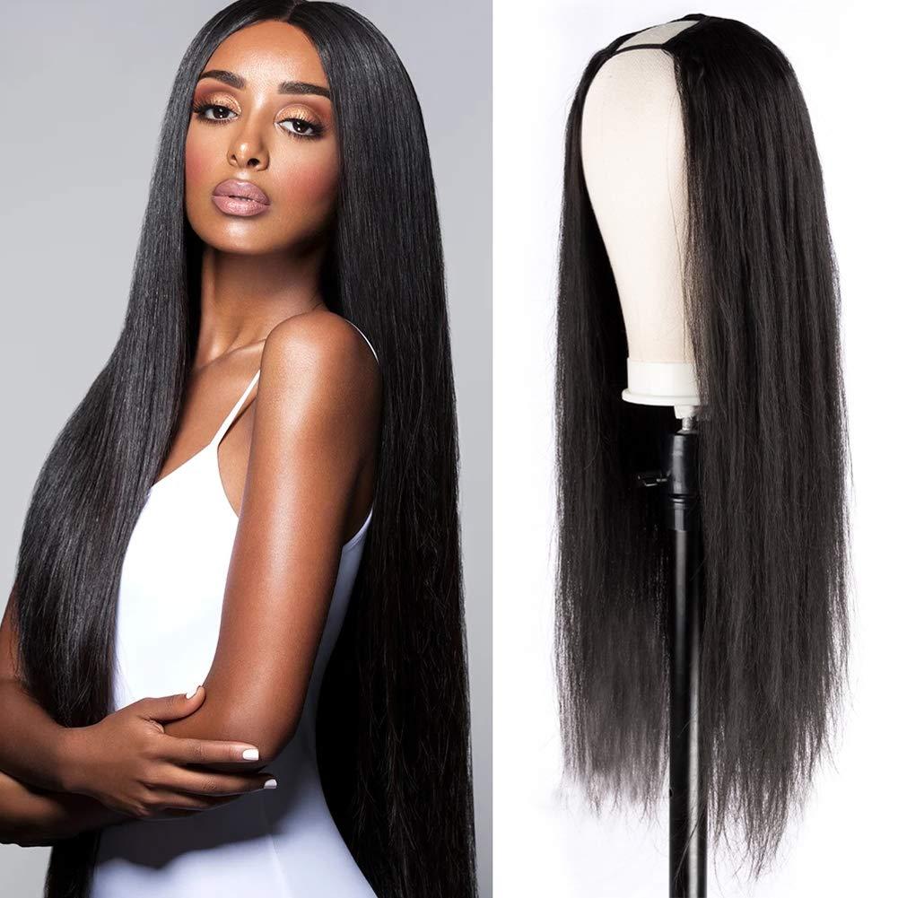 Prime Kitty U Part Wig Human Hair Right Side Part 1x3 Medium Cap #1 Jet Black U Part Right Side Wig Silky Straight Right U Part Wigs for Black Women Upart Human Hair Wig 180 Density No Shedding & No Tangling 8\"