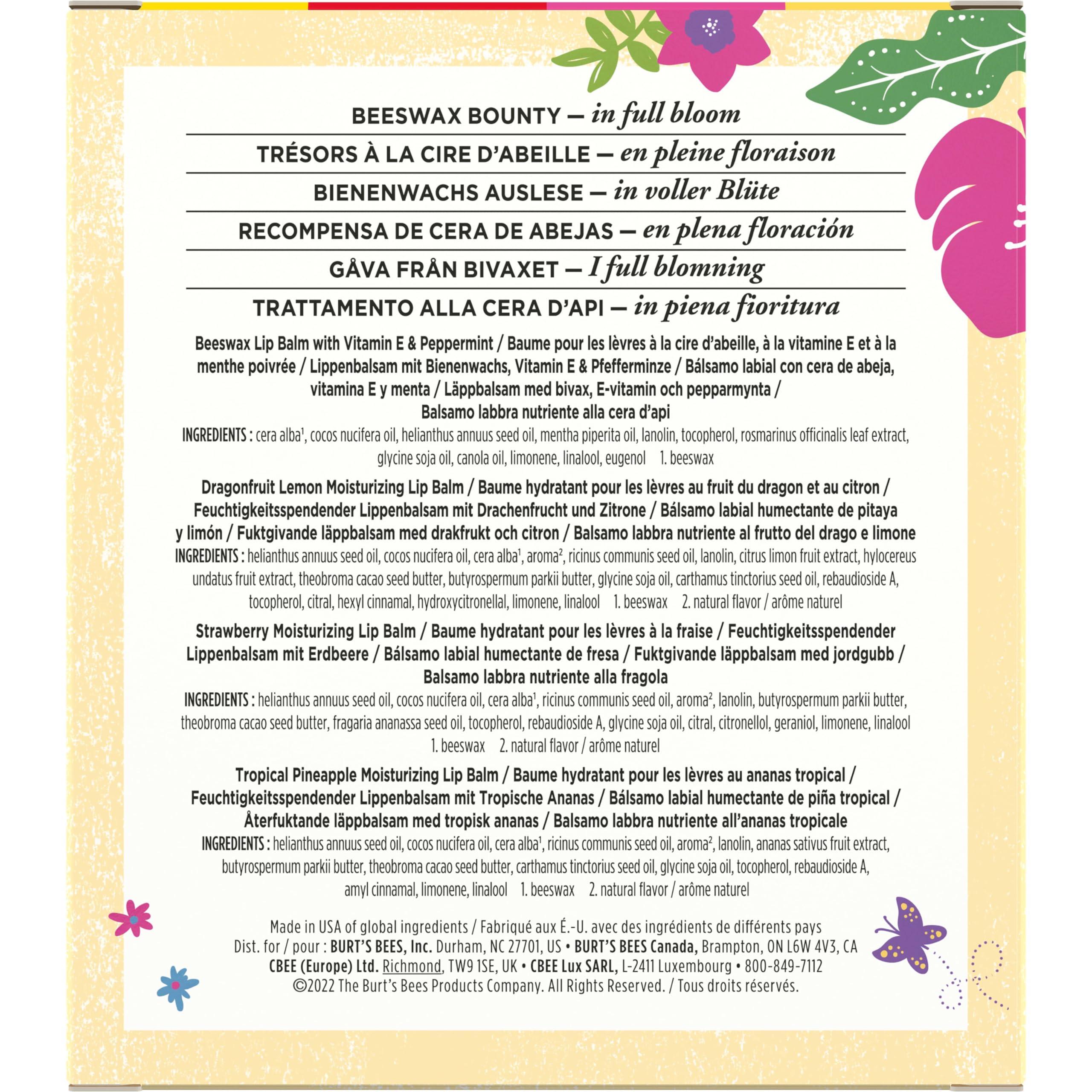 Burt's Bees Burt's Bees Gifts, 4 Lip Balm Products, In Full Bloom Set - Original Beeswax, Dragonfruit Lemon, Tropical Pineapple & Strawberry (4 Pack)