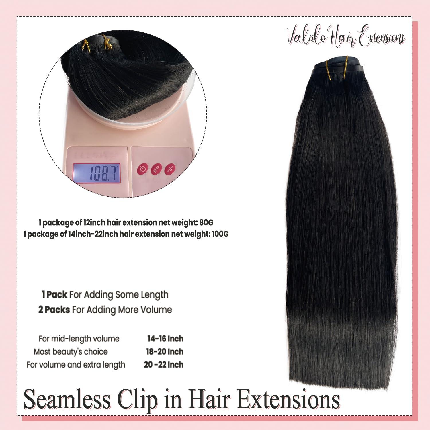 Valiilo Clip in Hair Extensions Black Hair Extensions Real Human Hair 7 Pieces Seamless Clip in Hair Extensions Thick Human Hair 100G Invisible PU Skin Weft Hair Extensions Clip ins 14 Inch