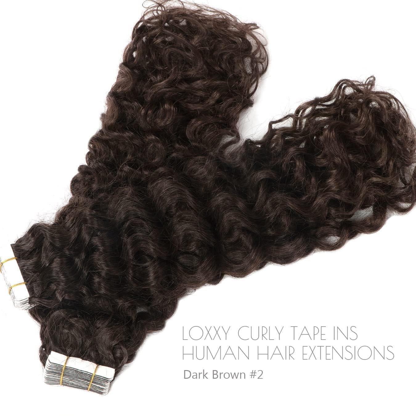 Loxxy 12inch Curly Hair Tape in Hair Extensions Dark Brown Natural Black Tape in Curly Human Hair Extensions for Women Double Sided Curly Tape Extensions #2 16pcs 40grams
