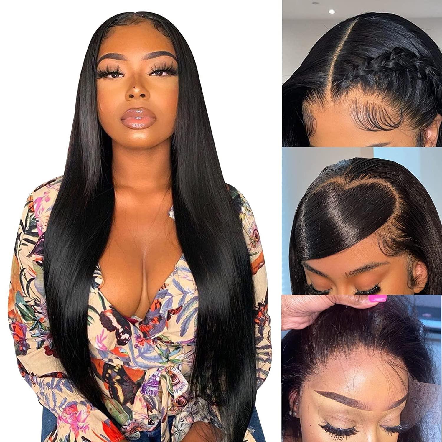 MOOTAFUL MOOTAFUL Large Cap Wigs 24 inch Cap Size Lace Front Wigs 134 Straight 150% density Pre Plucked with Baby Hair Brazilian Virgin Human Hair Wigs for Black Women 30 inch