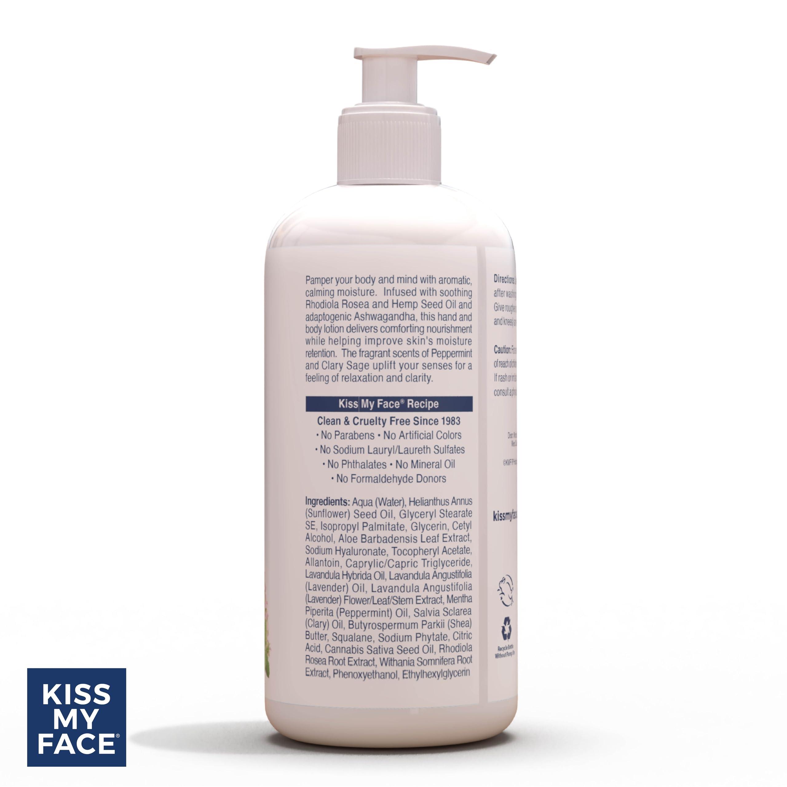 Kiss My Face Kiss My Face De-Stress Hand & Body Lotion - Peppermint + Clary Sage - Soothing Rhodiola Rosea - With Hemp Seed Oil & Ashwagandha - Vegan & Cruelty-Free - 16 fl oz Bottle