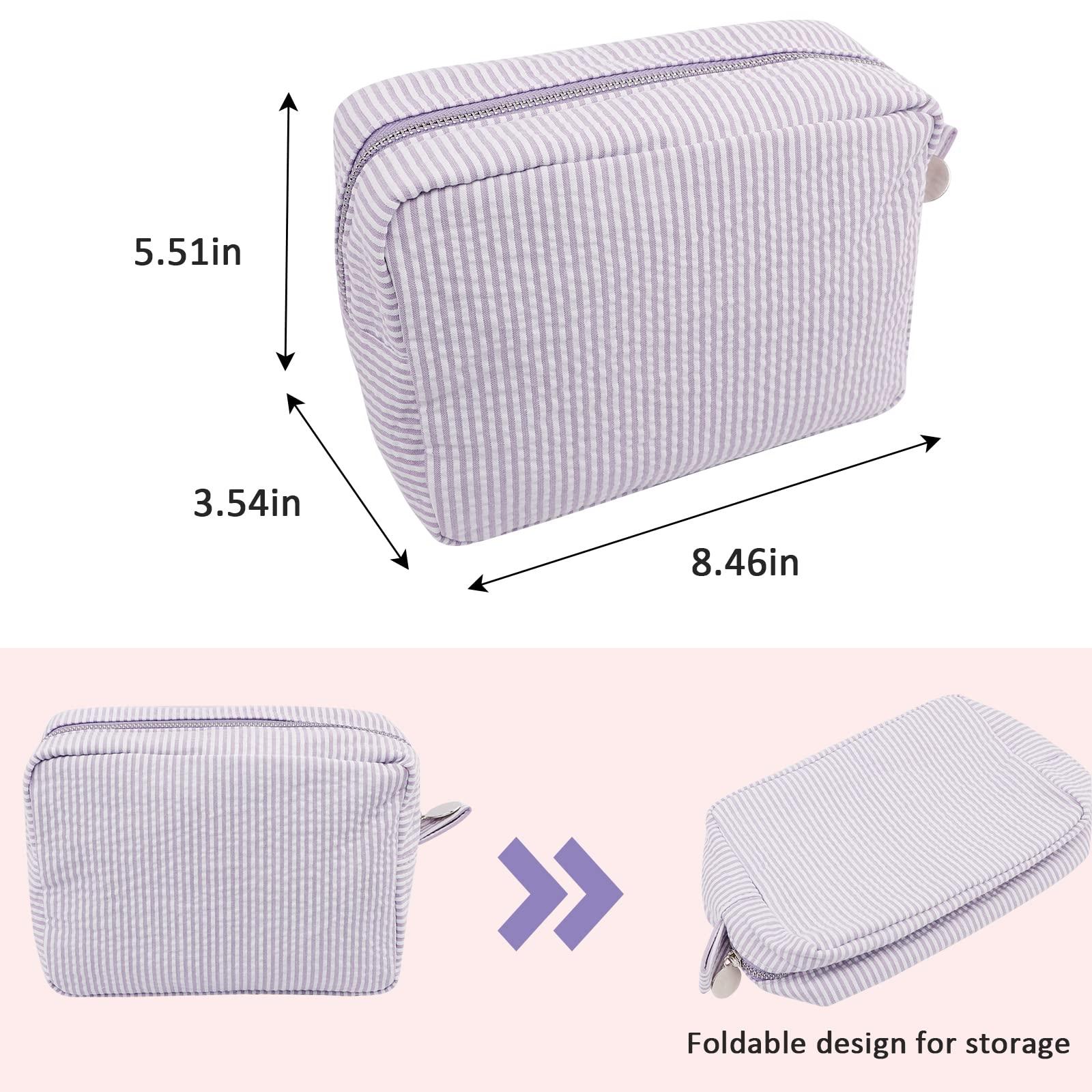 GFU Seersucker Cosmetic Bag, Large Makeup Pouch Travel Toiletry Case with Zipper Closure Seersucker Cosmetic Organizer for Women Girls, Baby Diaper Bag Organizer