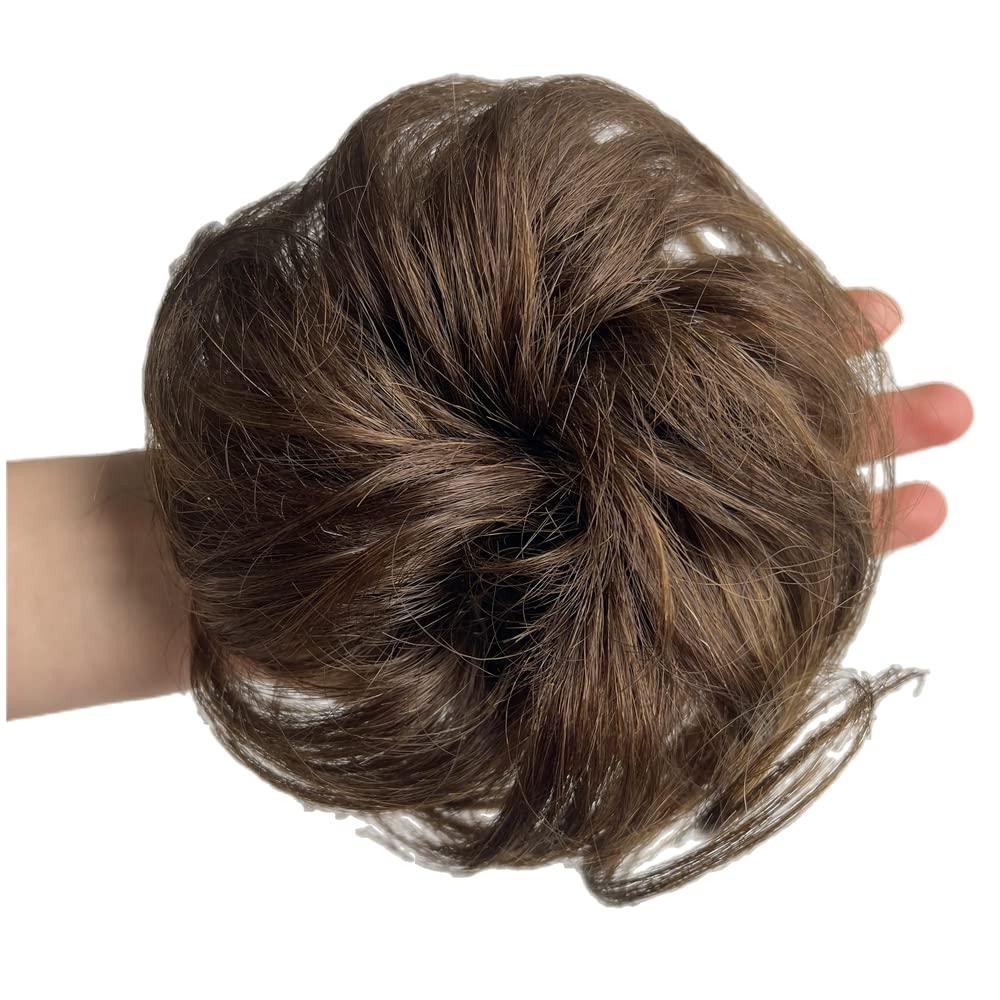 AYunhe 100% Human Hair Messy Bun Extension Tail, Messy Hair Bun Hair Scrunchies Extension with Fringe Curly Wavy Chignon for Women Wedding Tousled Updo Hairpiece (Dark Brown)
