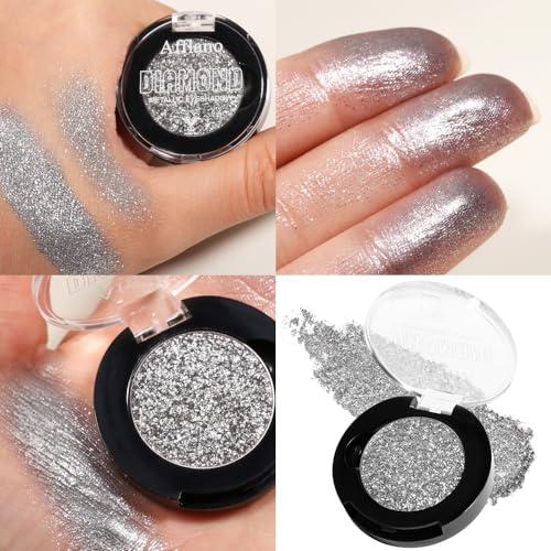 Afflano Afflano Silver Glitter Eyeshadow Super Pigmented, Intense Color Gray Silver Eyeshadow Palette Single, Long Lasting Sparkle Shimmer Metallic Glitter Eyes Look, Blendable Neutral Grey Eye Shadow Makeup