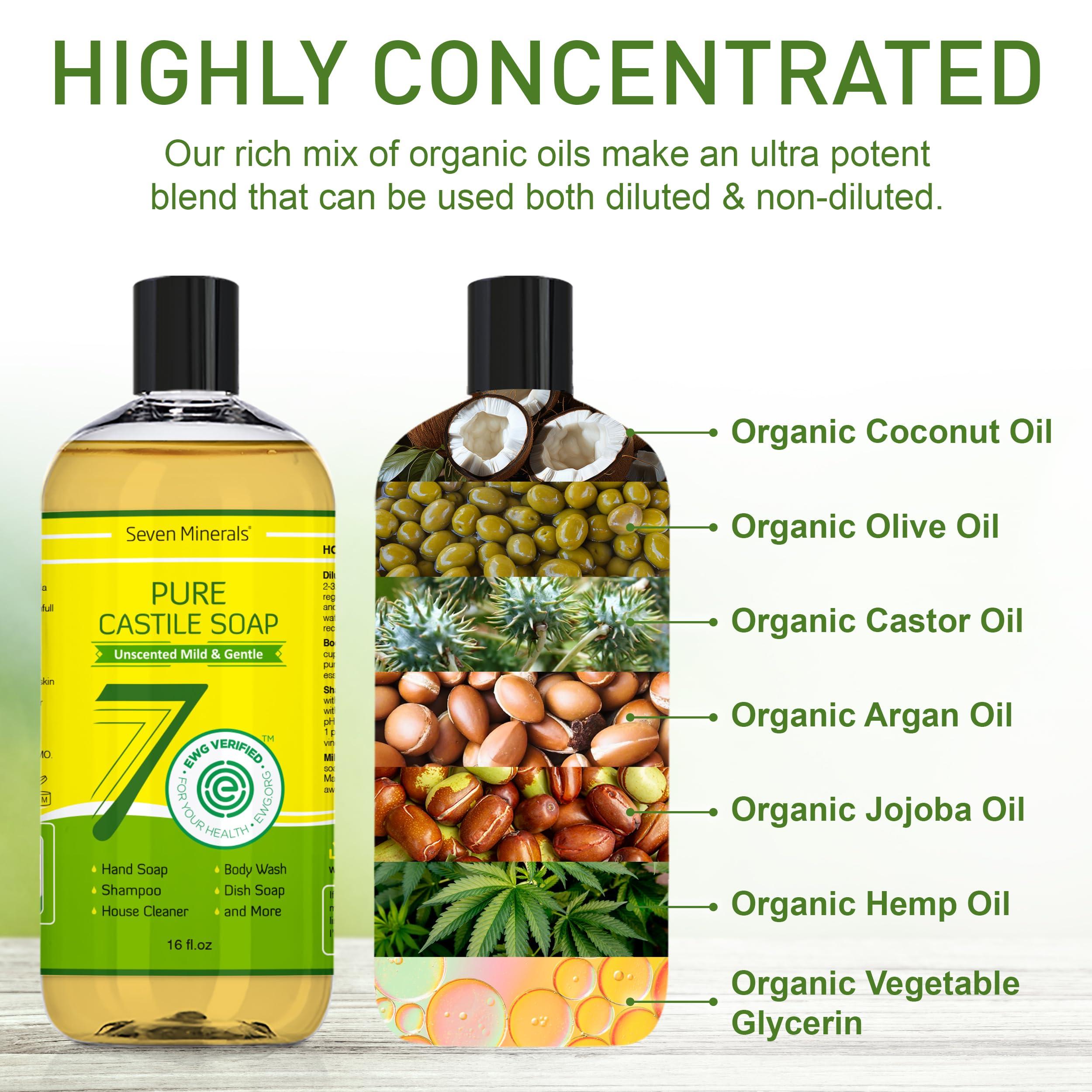 Seven Minerals Pure Castile Soap - No Palm Oil, GMO-Free - Gentle Liquid Soap For Sensitive Skin & Baby Wash - All Natural Vegan Formula with Organic Carrier Oils (16 Fl Oz, An Unscented)