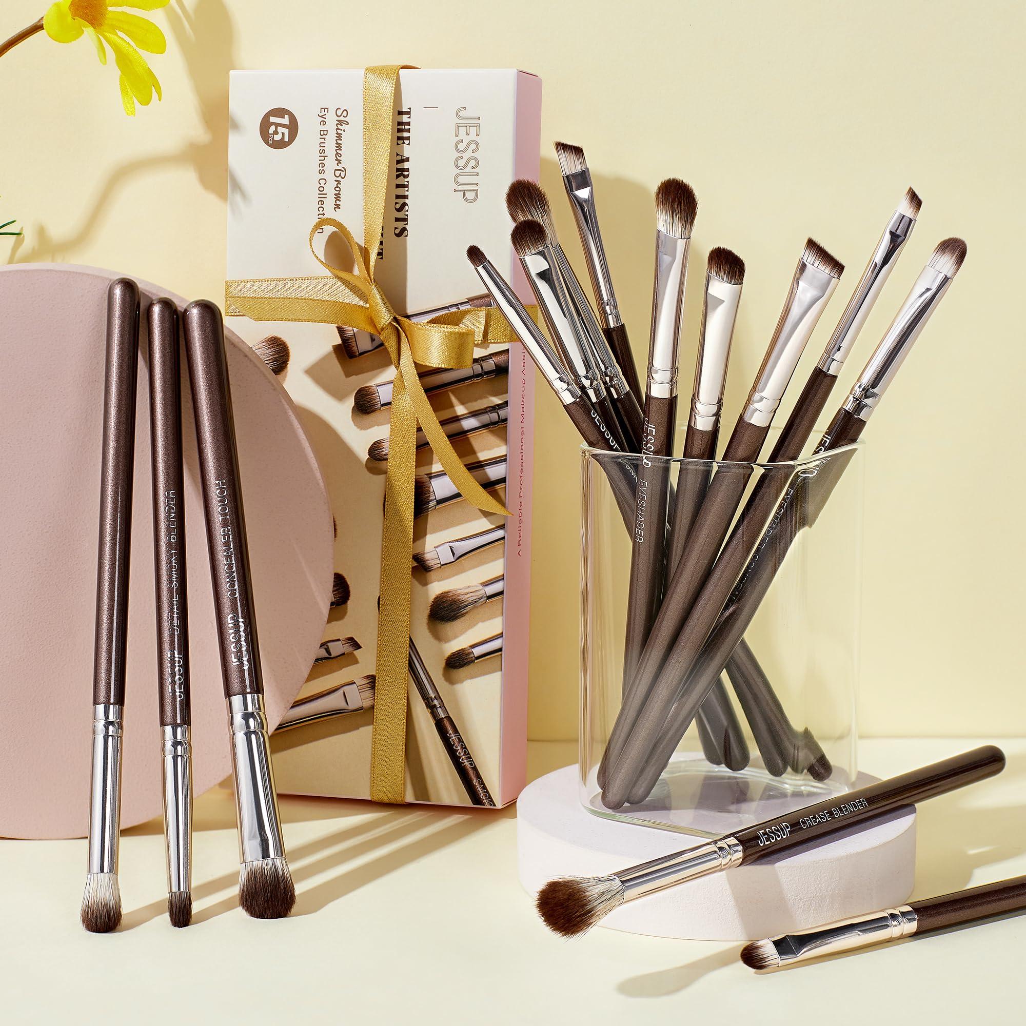 Jessup Jessup Eye Makeup Brushes Set Professional 15pcs Brown Eyeshadow Brush Eyebrow Concealer Eyeliner Blending Brush for Makeup Premium Synthetic Eye Brush Set, T499