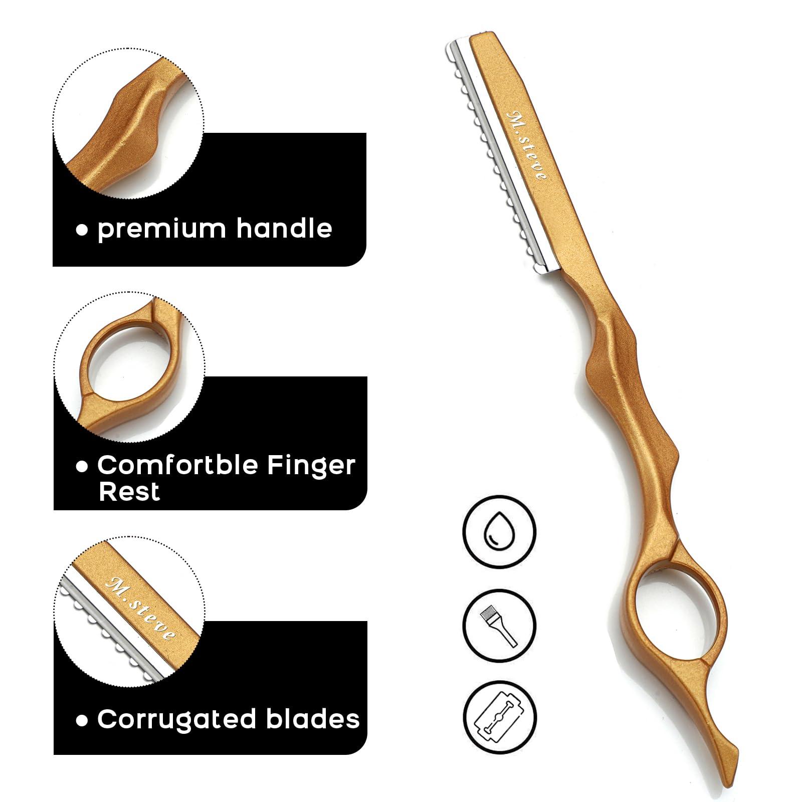 M.steve Hair Razors For Cutting Hair 6.89", Professional Hair Styling Razor with Replacement Stainless Steel Blades for Salon/Home -11PCS Gold