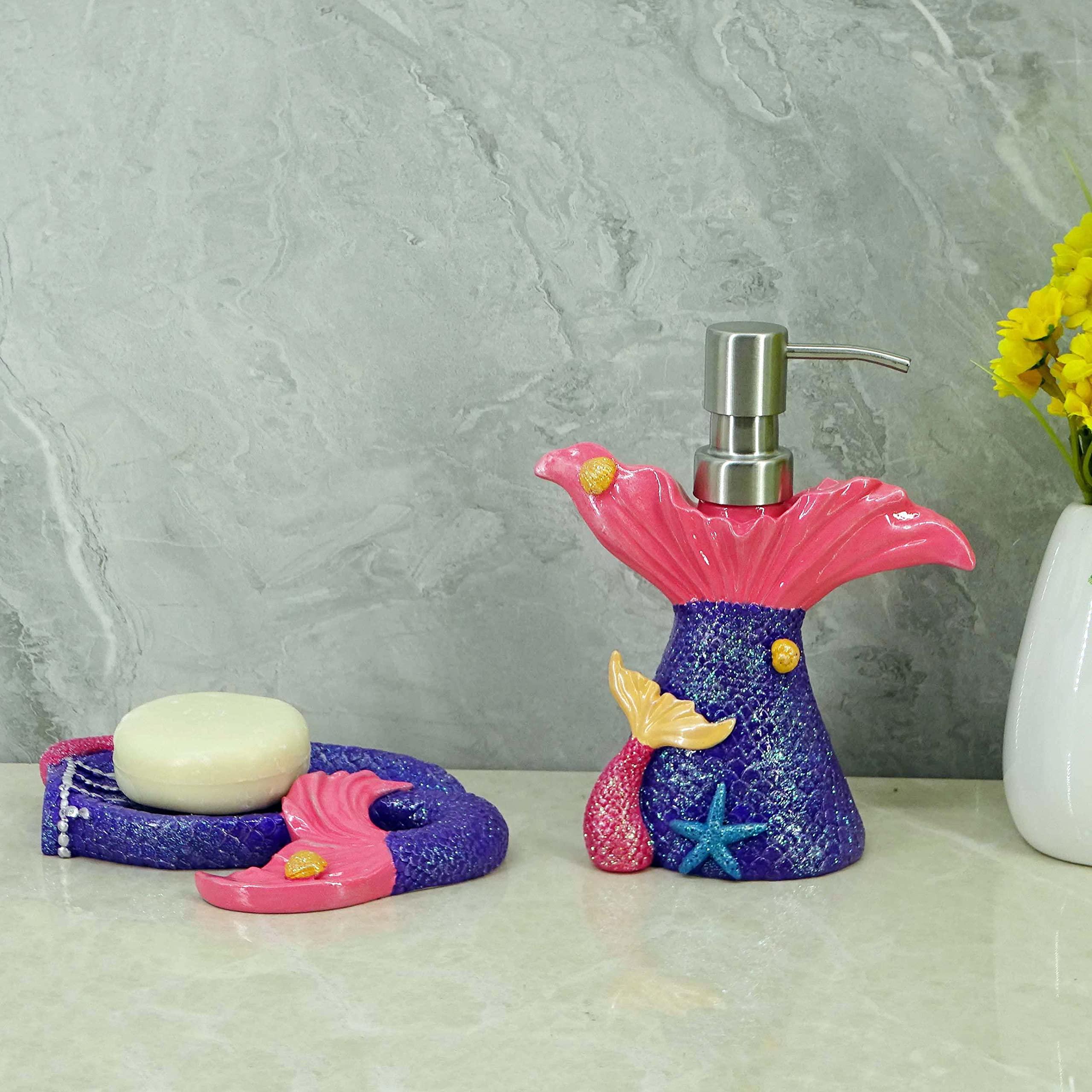 YHHRESINKING Mermaid soap Dispenser for Bathroom Kitchen, Resin Lotion Dispenser, Liquid Hand soap Dispenser with Pump Bottle for Kitchen Sink and Bathroom Lavatory, Home Decor Organizer (Purple)