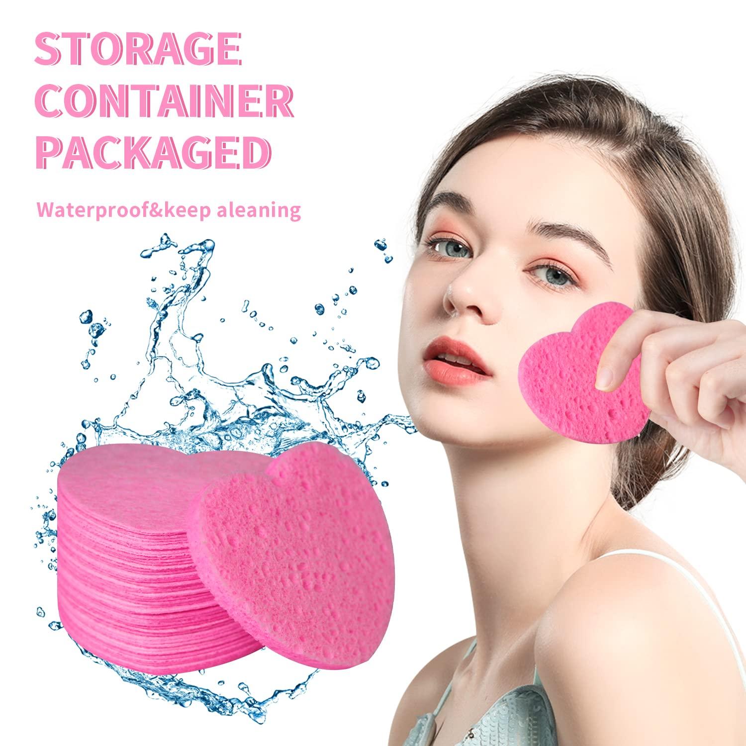 Spunspon 50 - Count Little Heart Cellulose Facial Sponges + 8pcs Wet and Dry Dual-use Makeup Puff, Pink