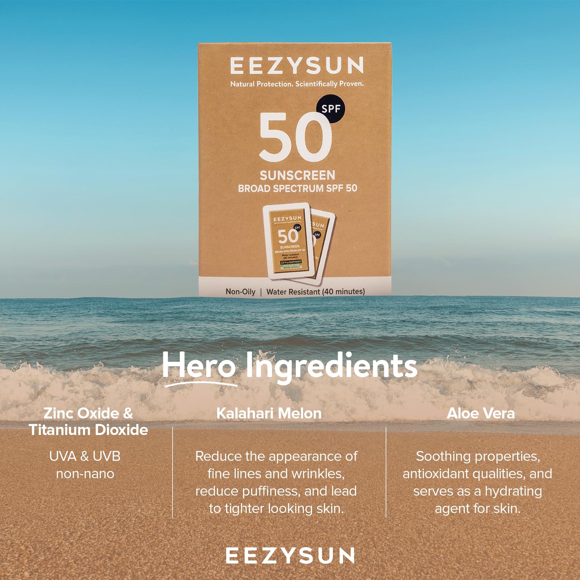 EEZYSUN EEZYSUN Mineral SPF 50 Mini Sunscreen Travel Size Snap Packets - Infused with Aloe Vera, Vegan & Reef-Safe, Broad Spectrum, Non-Oily & Natural with UVA/UVB Protection, 10 Packets x 0.27 FL OZ