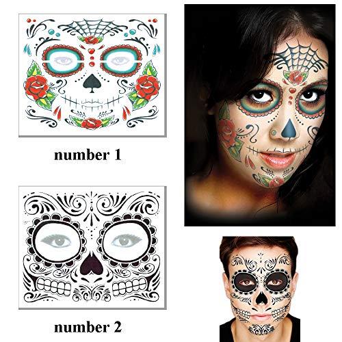 ARTEM Day of the Dead Tattoo(8 PACK) Halloween Makeup Tattoos Decor Stickers Sugar Skull Temporary Face Tattoo for Halloween Masquerade Party(Floral, Glitter Roses, Web and Floral Skeleton)