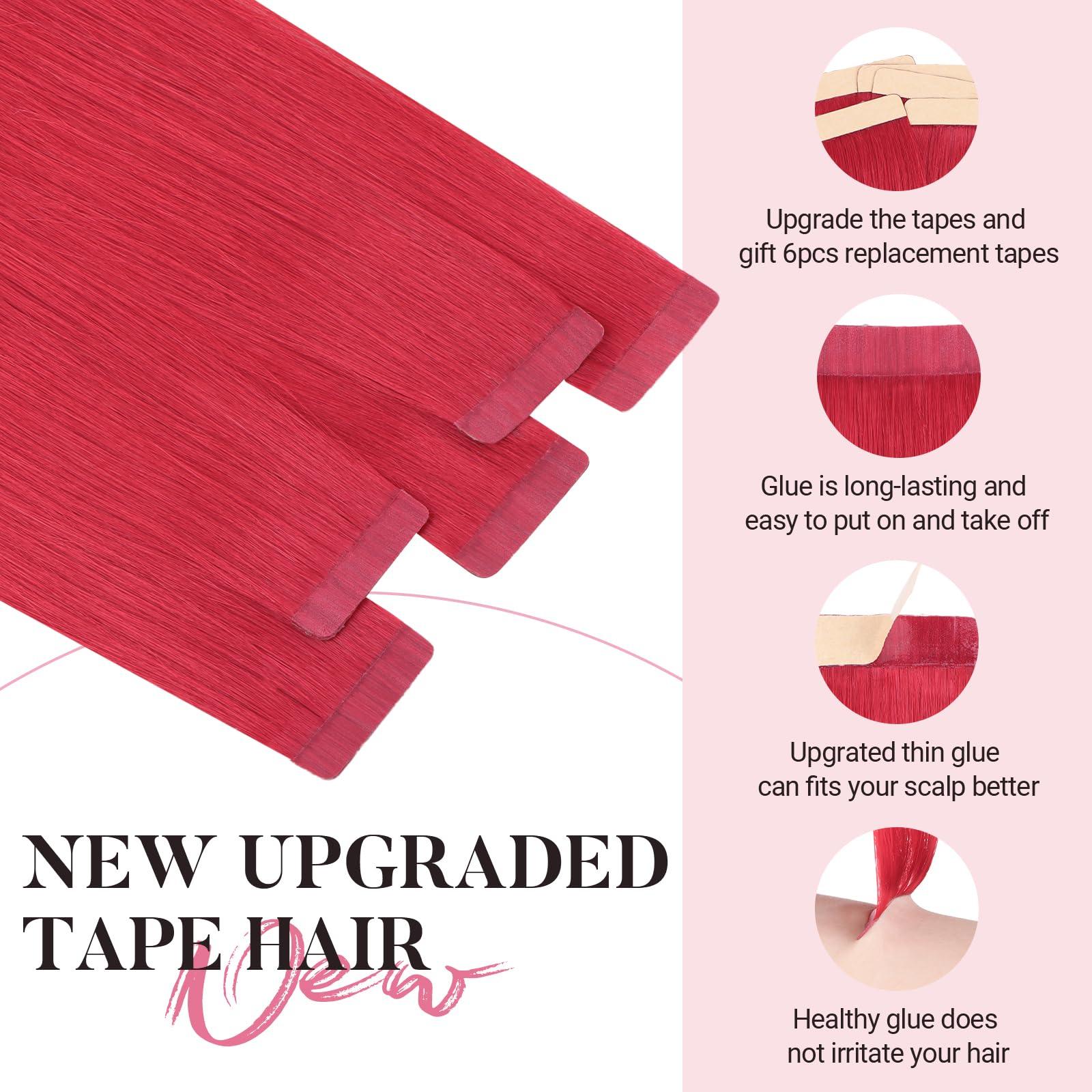 MAXITA MAXITA Tape in Hair Extensions Human Hair Red Hair Extensions Tape ins, 10pcs 25g 18 Inch Colored Party Highlight Tape in Extensions Straight Soft Real Human Hair Extension