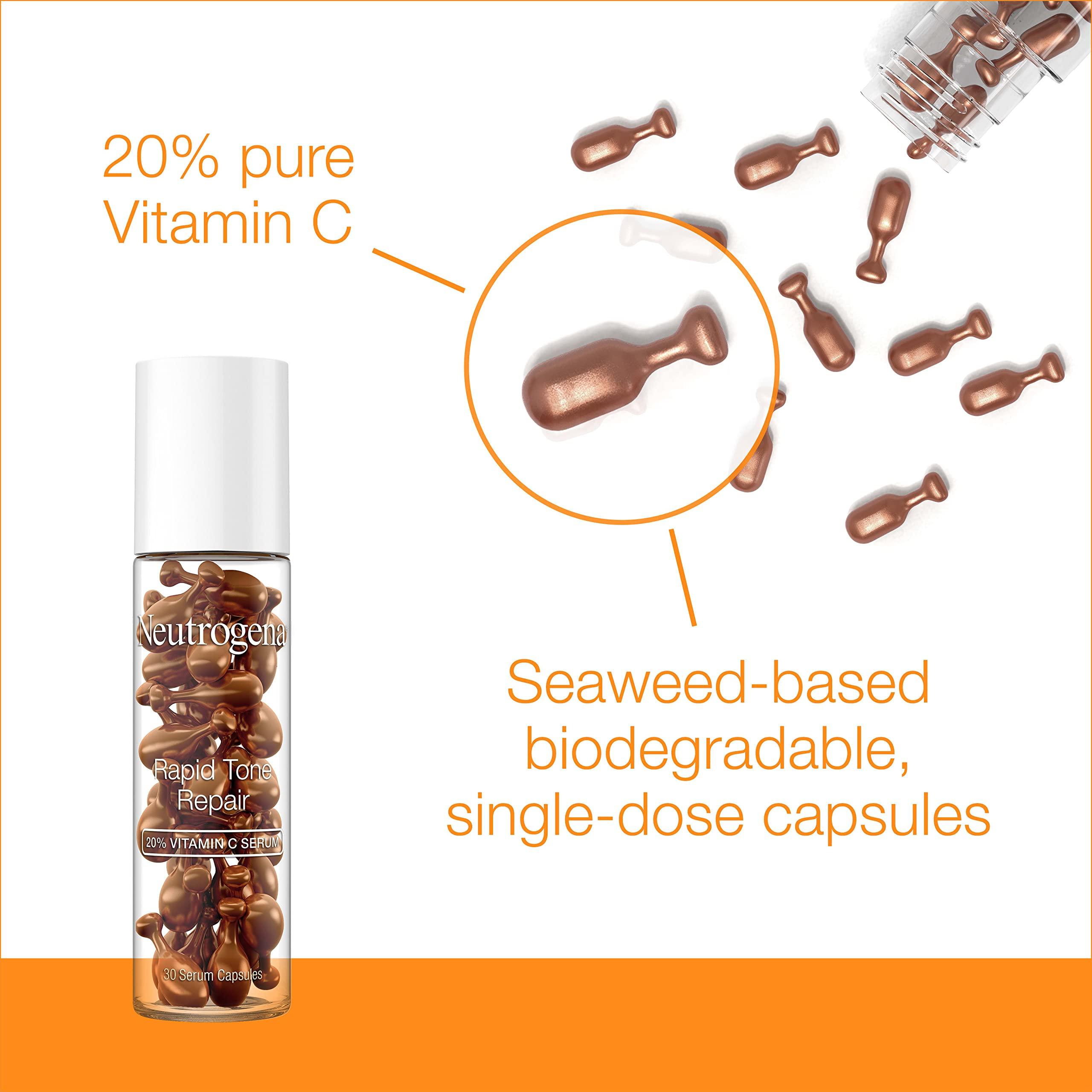 Neutrogena Neutrogena Rapid Tone Repair 20% Vitamin C Brightening Serum Capsules, Antioxidant Face Serum to Brighten Look of Dark Spots & Even Skin Tone, Oil-Free, 30 Serum Capsules