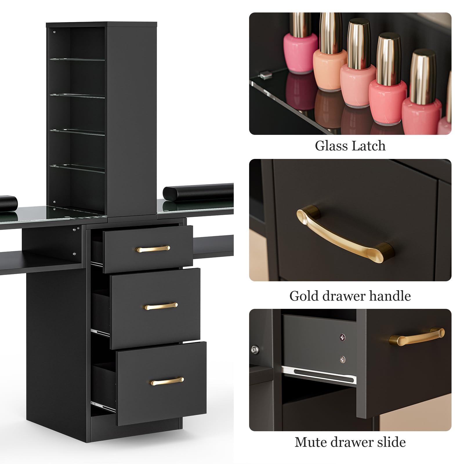 Paddie Paddie Double Manicure Table, Nail Desk for Nail Tech w/Glass Top & Wrist Rest, Nail Beauty Workstation w/3 Storage Drawers & 8-Tiers Open Shelves(Black)