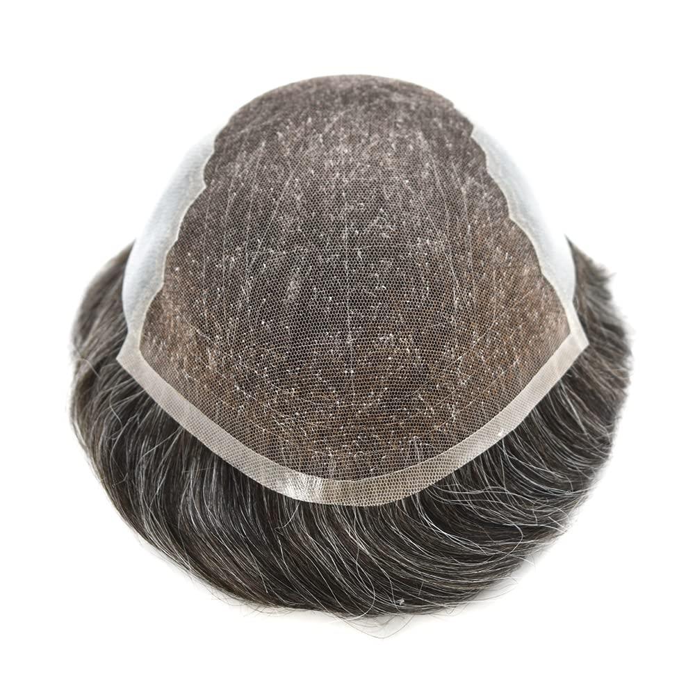 Generic Mens Toupee French Lace Hair Replacement System For Men Hairpieces Toupee For Men Hair System Hair Piece For Men Natural Hairline 8x10 Light to Medium density #340 3# DARK BROWN+40 GREY