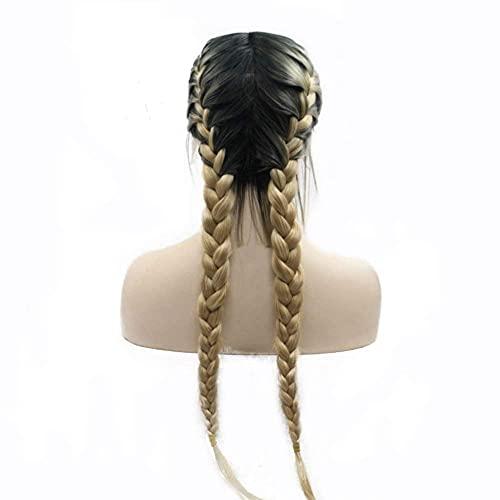 RainaHair Blonde Double Braided Wigs with Baby Hair Heat Resistant Synthetic Lace Front Wigs for Women Female Dark Roots Ombre Blonde Natural 2x Twist Braids Long Hair Glueless Synthetic Wig