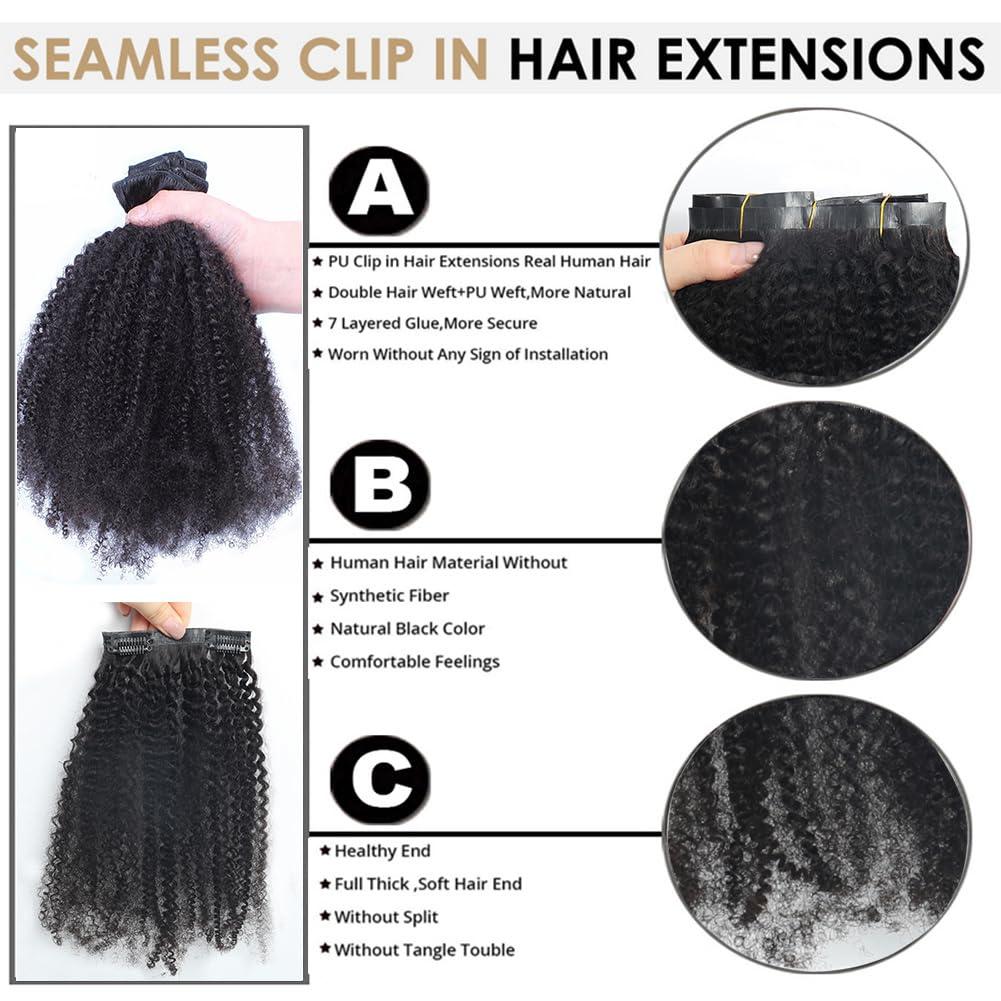 Kiss darling LASHES 4C Afro Kinkys Curly Seamless PU Clip in Human Hair Extensions 18 inch 7pcs with 16clips 120g/Pack Hair Invisible Seamless Clip Ins Human Hair Curly