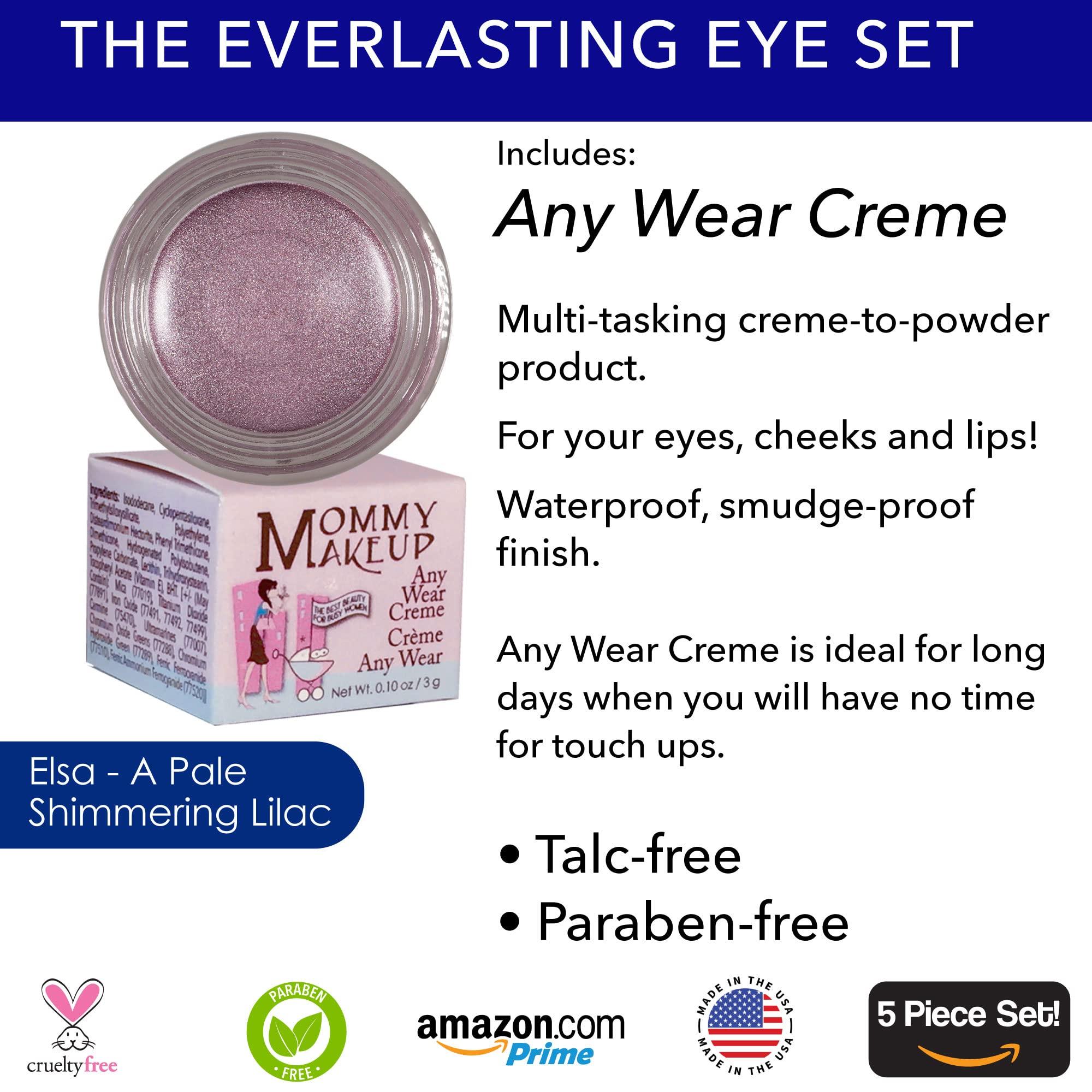 Mommy Makeup The Everlasting Eye 5 Piece Waterproof Makeup Set. Gel Eyeliner, Creme Eyeshadow, 2 brushes and Mesh Bag. Paraben-free, Talc-free, Cruelty-free. Elsa/Blue Angel 1112