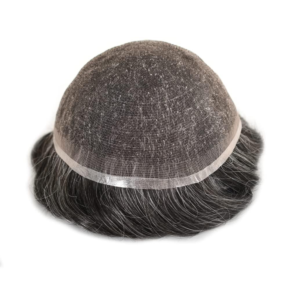 Hair Wonders Toupee For Men Real Human Hair Mens Toupee Hair Replacement System Swiss Lace Hair Piece For Men Hair System6x9\"-100% light to medium density#1B30 1B# OFF BLACK+30% GREY