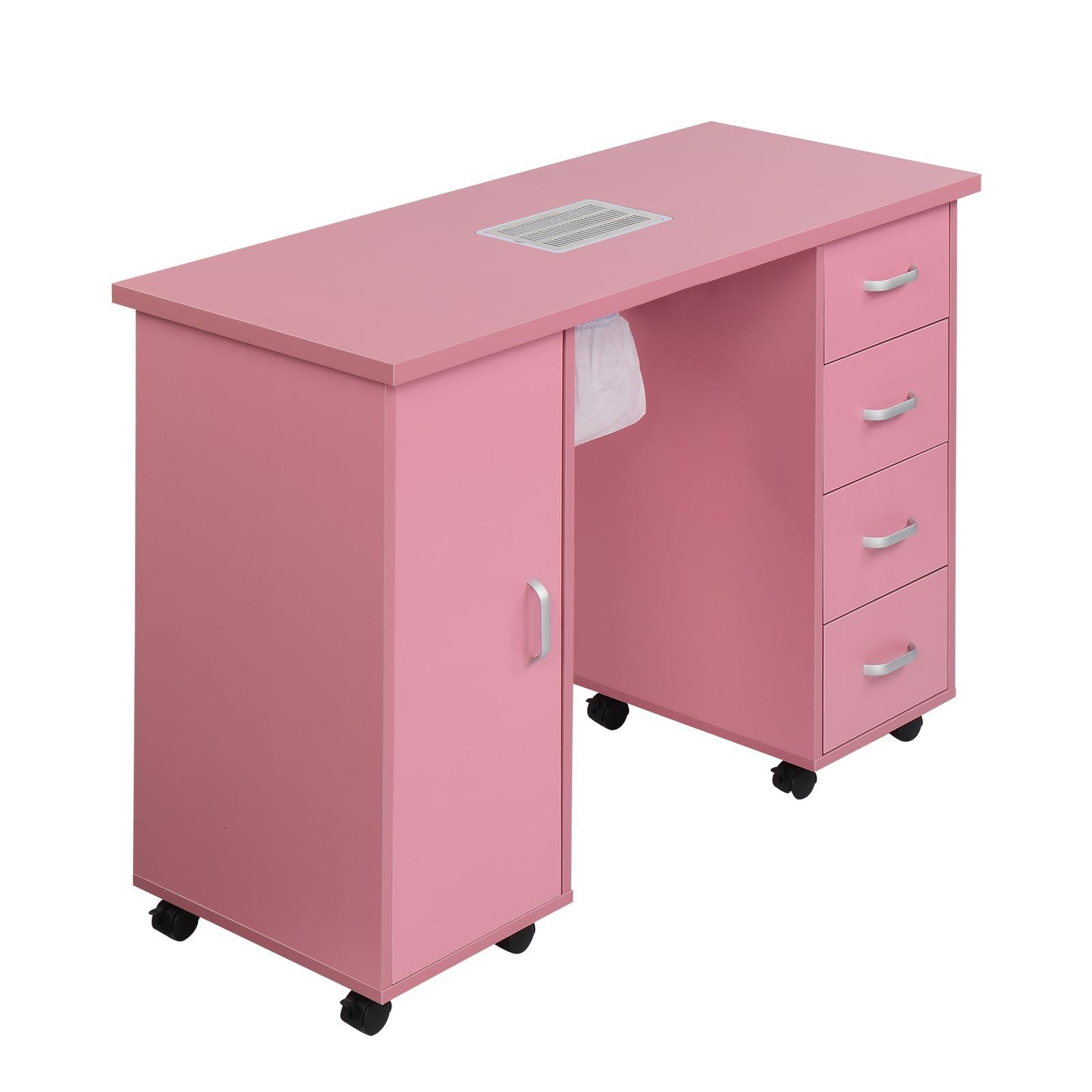 NALLBEIRRAA NALLBEIRRAA Pink Manicure Nail Table Station, Nail Desk with Electric Downdraft Vent, Locking Castors, 2 Layers Storage Cabinet, 4 Removable Drawers for Nail Tech, Beauty Salon (Pink)