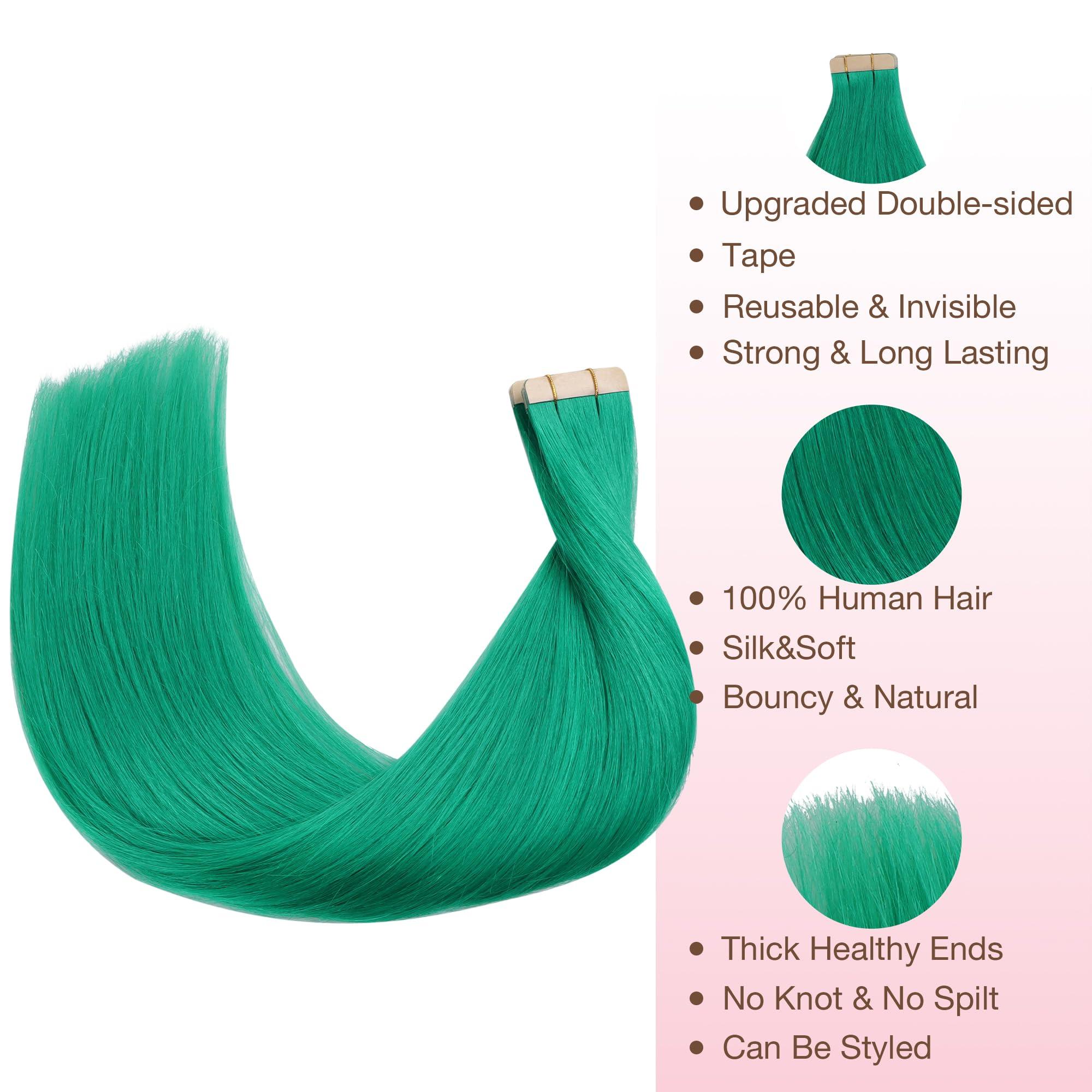 GOO GOO GOO GOO Tape in Hair Extensions Human Hair, Green, 14inch 25g 10pcs, Colored Tape ins Human Hair Extensions, Silky&Soft Invisible Tape Ins, Hair Highlighted for Party
