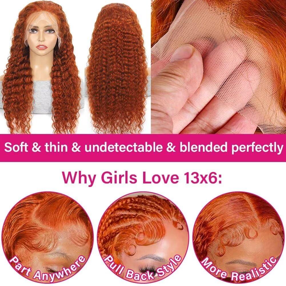 VELOMA VELOMA Ginger Wig Lace Front Human Hair 13x6 Deep Wave Human Hair Wig Ginger Transparent Lace Wigs Human Hair Pre Plucked 180 Density Ginger Curly Wig Human Hair Pre Plucked Deep Wave Wig 24 Inch