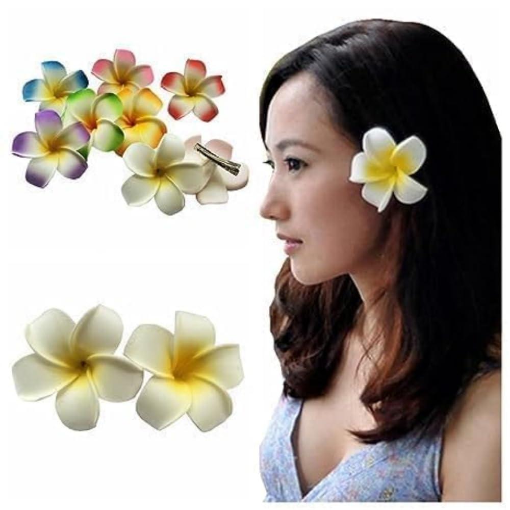 Zenarao Hair Flower Clips, 4Pcs 7cm White and Pink Hawaiian Frangipani, Plumeria Foam Head Flower Party Beach Hair Clip flower, Hawaiian Hair Clips