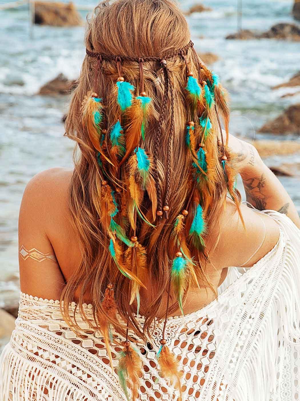 GORTIN GORTIN Boho Feather Headband Gypsy Costume Headdress Black Bohemian Hippie Headbands Indian Festival Hair Band Adjust Long Feather Headpiece Hair Accessory for Women and Girls (Blue+Brown)